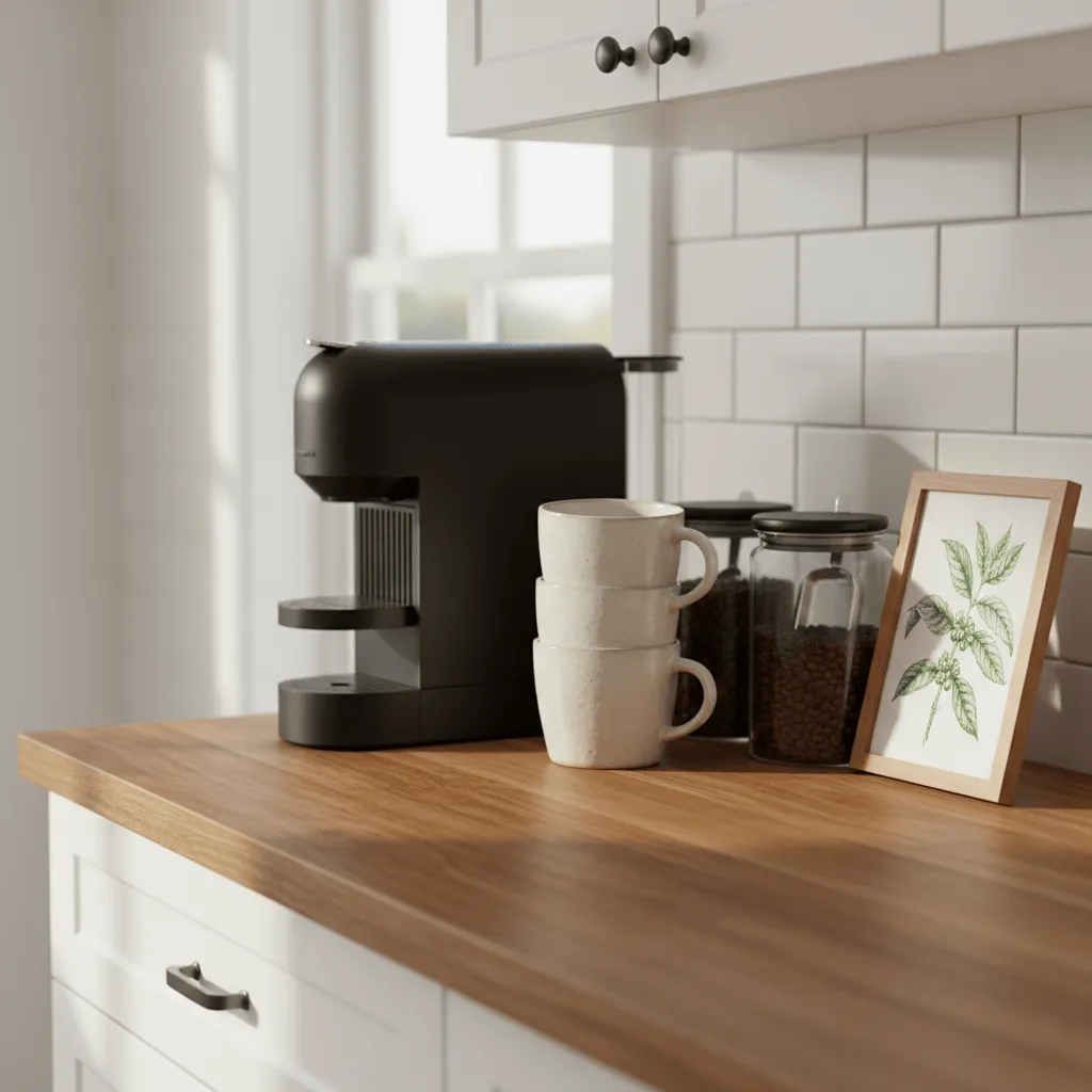 Farmhouse kitchen coffee station vignette