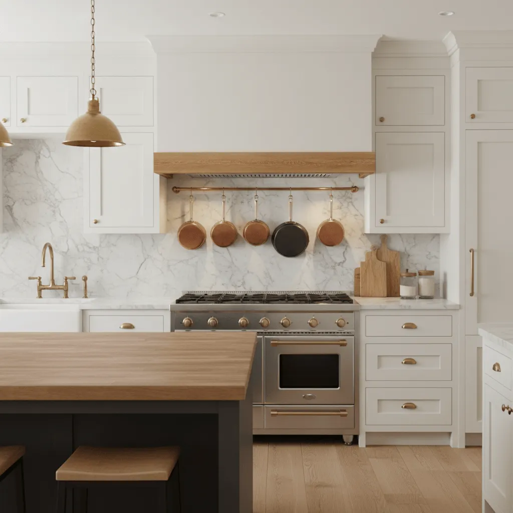 Farmhouse kitchen range and hood focal wall