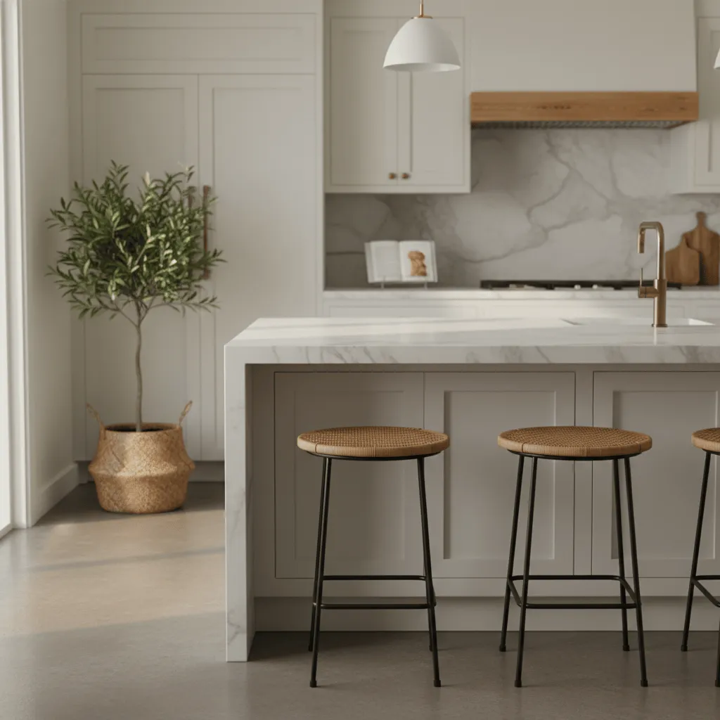 Farmhouse kitchen island corner with bar stools