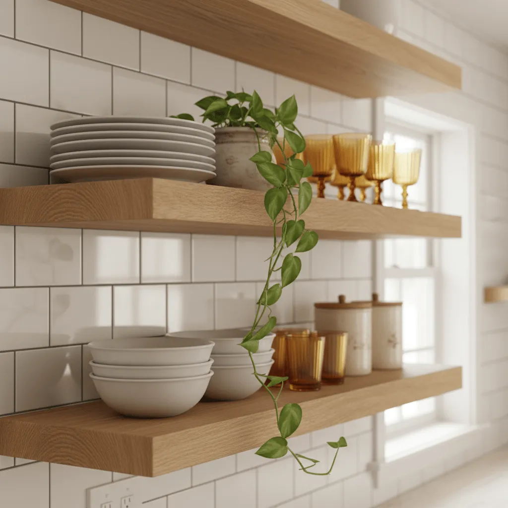 Farmhouse kitchen open shelving styling