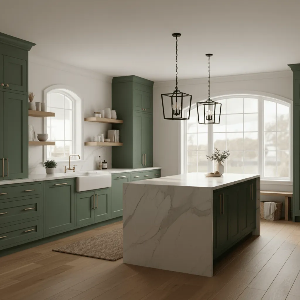 Farmhouse kitchen dark sage cabinet palette