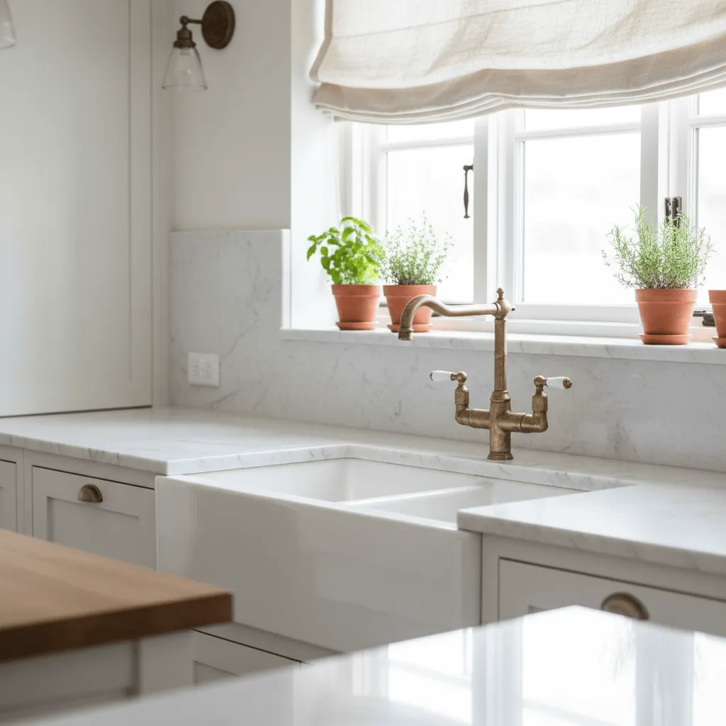 Farmhouse kitchen apron sink and window detail