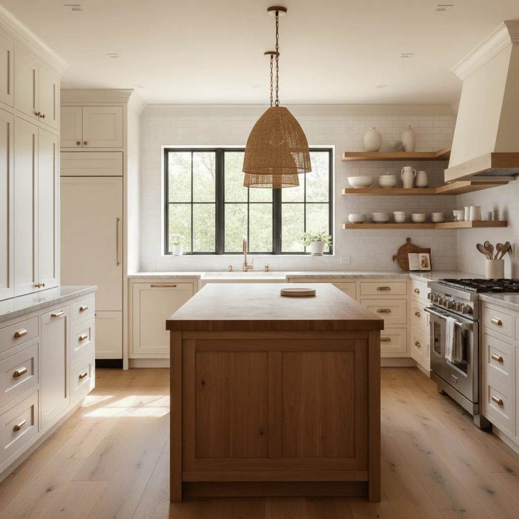 Farmhouse kitchen wide room warm walnut island