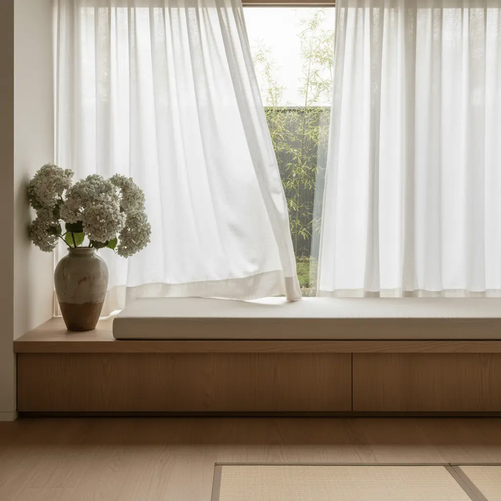 Japandi bedroom with window seat, summer morning