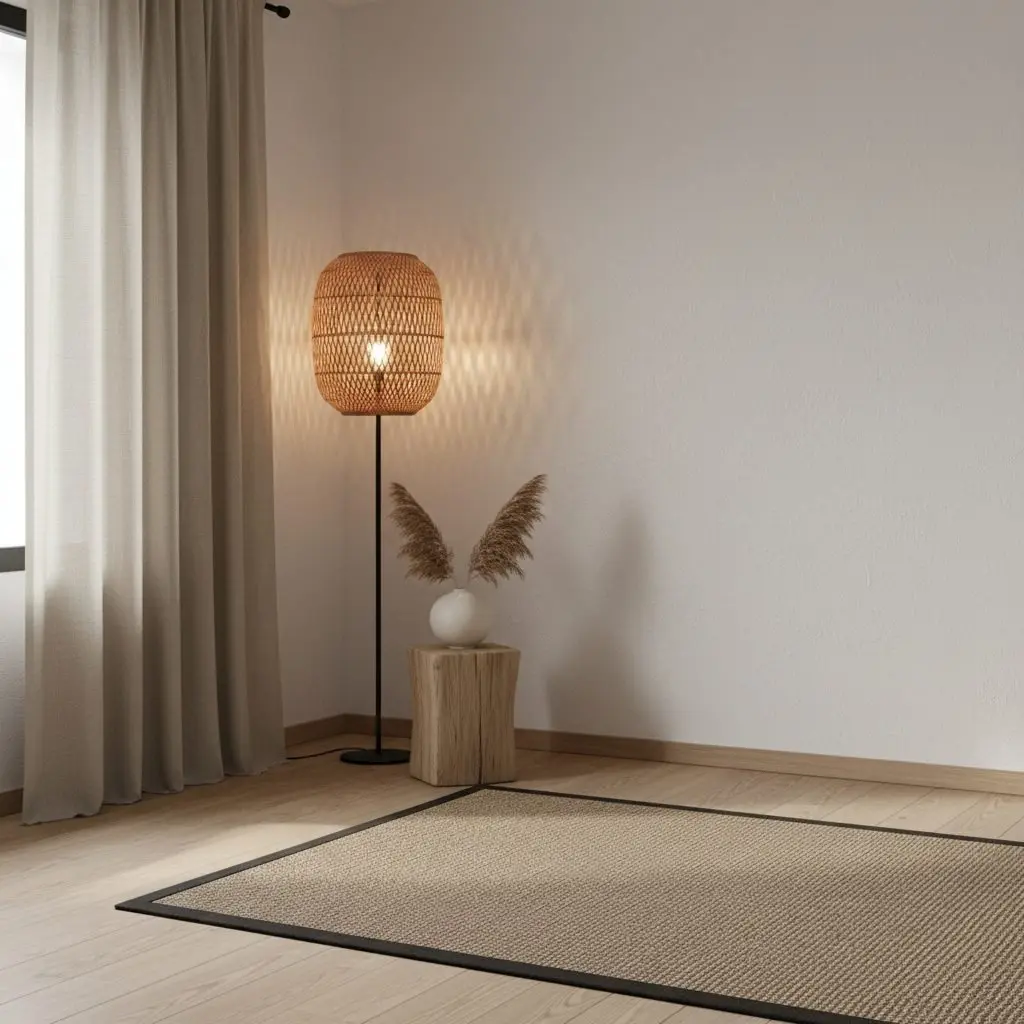 Japandi bedroom with corner composition, rattan lamp